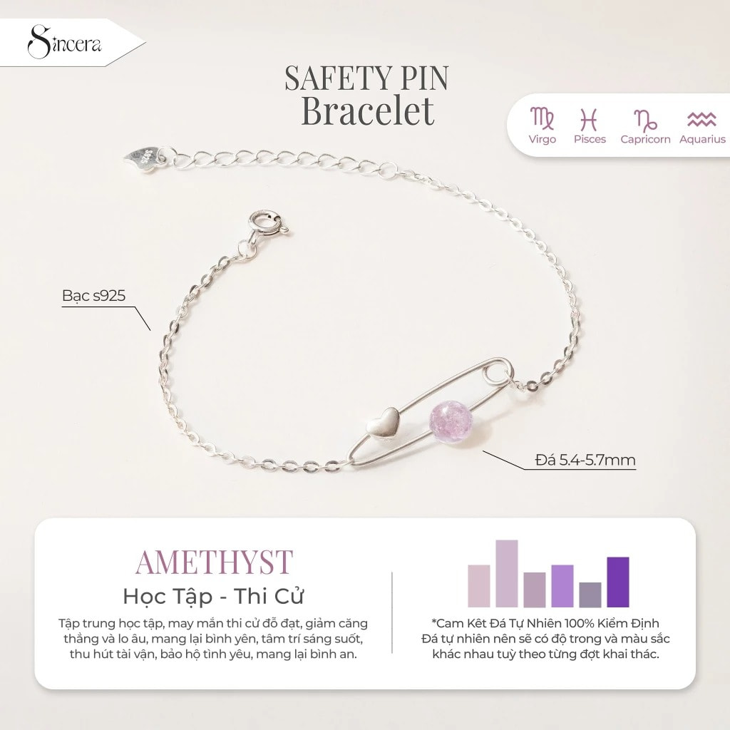 Vòng Tay SINCERA Safety Pin | Bạc s925 Mix Đá 1